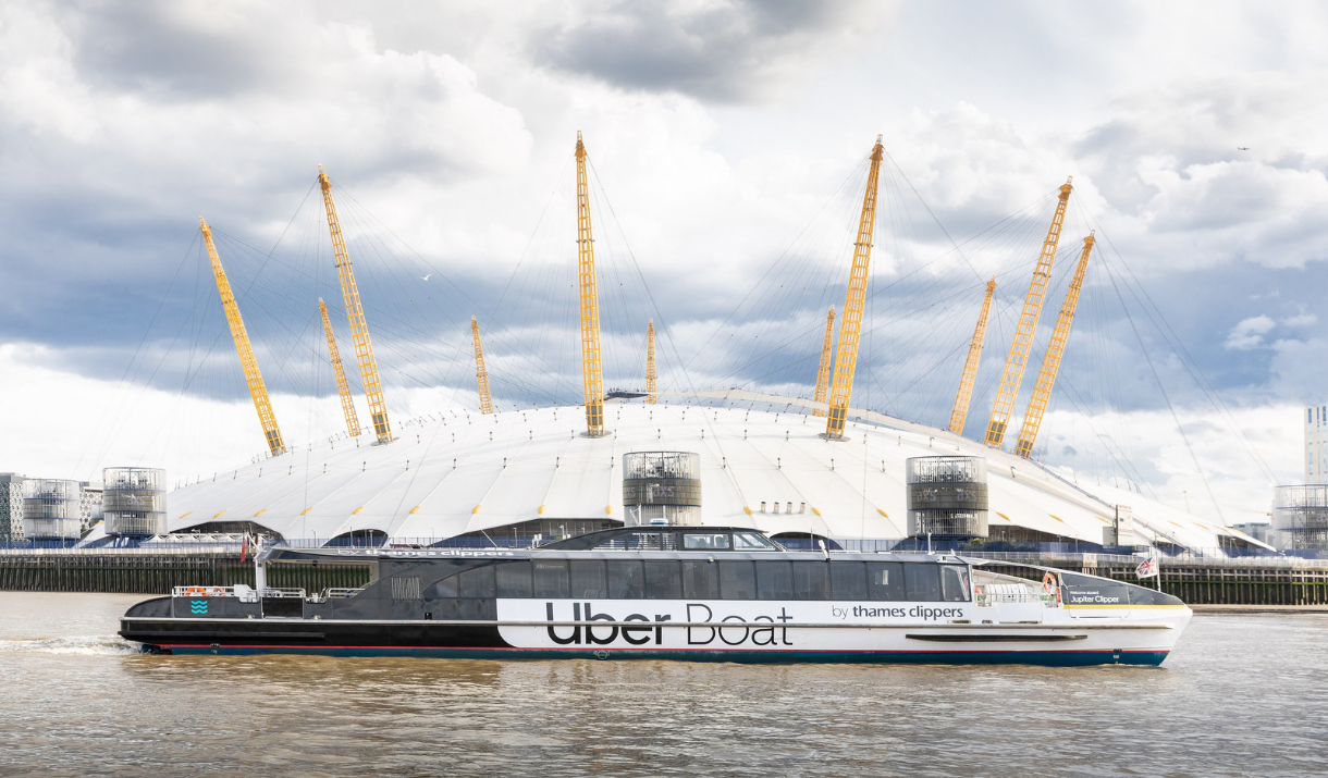 Uber Boat by Thames Clippers on the river in front of The O2 on Greenwich Peninsula